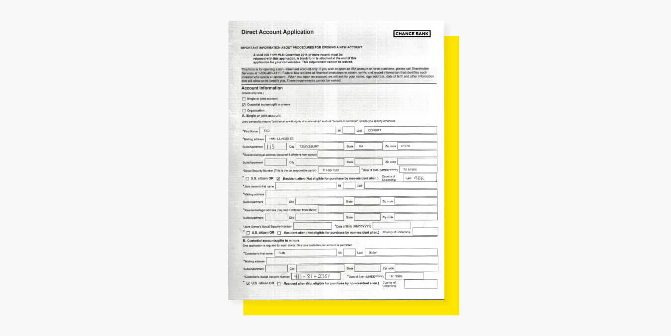 image of scanned bank account application, which was filled out by hand and was slightly skewed when it arrived at the bank for processing